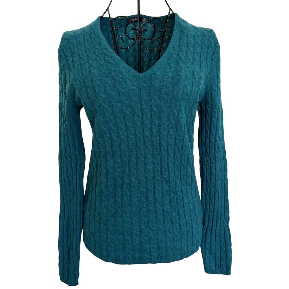 Magaschoni 100% Cashmere Teal Cable Knit V-Neck Sweater Pullover Preppy